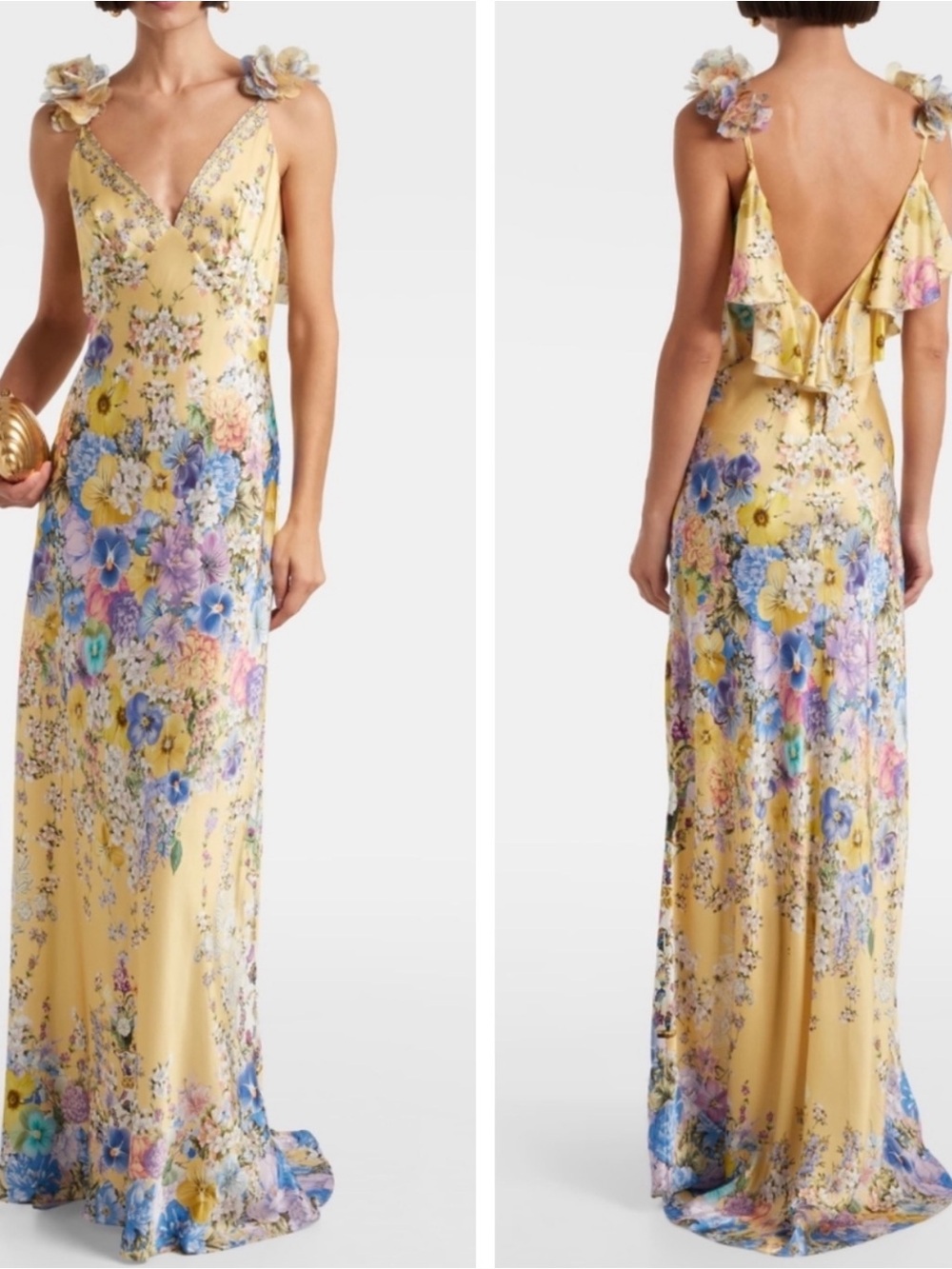 CAMILLA Bias Floral Frill Rosette Yellow Slip Dress Size Small